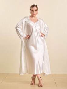 Hourtrue Plus Size White Satin Robe Set, Women Lace Trim Long Kimono Robe And Nightgown 2 Pieces Silk Like Loungewear - White - View 1
