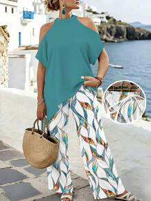 EMERY ROSE Plus Size Teal Summer Boho Beach Holiday,Minimalist Green Leaf Print Two Pieces Set,Halter Top With Asymmetrical Hem,Drawstring Pants,Casual & Daily - Multicolor - View 1