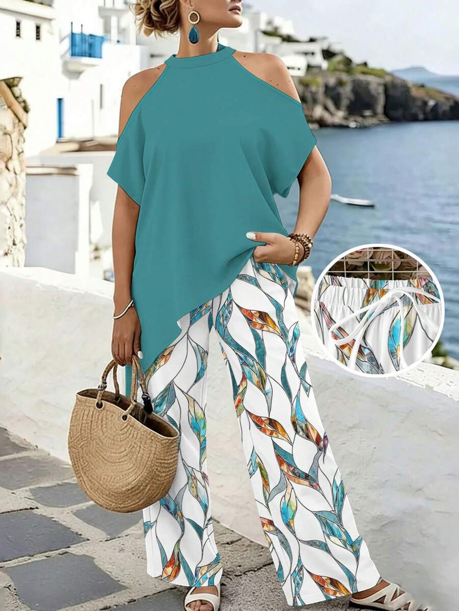 EMERY ROSE Plus Size Teal Summer Boho Beach Holiday,Minimalist Green Leaf Print Two Pieces Set,Halter Top With Asymmetrical Hem,Drawstring Pants,Casual & Daily - Multicolor - View 1