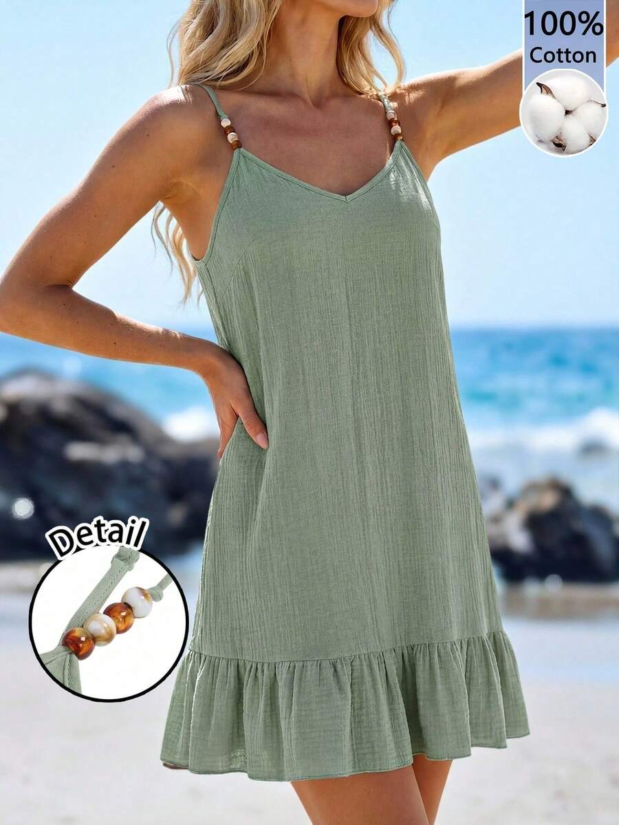 SHEIN LUNE Đầm dây quai mảnh nữ size lớn màu trơn xếp ly phong cách thường ngày, đi tiệc, du lịch - màu xanh lá - Xem 1