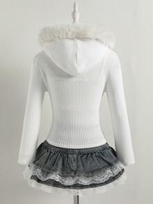 SHEIN 青少年女孩白色抓絨運動衫，配有仿皮領口與長袖，修身剪裁，拉鍊位於底部 - 白色 - 查看 8