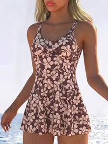 Swim Lushoire Women's Vacation Party Pool Party Beach Textured Multi-Color Print Fabric Wide Strap Swimsuit One-Piece Swim Dress Brown And Turquoise Summer Tropical - Multicolor - View 3