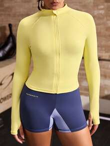 Powerista Jaqueta Esportiva Amarela Slim Fit com Gola Alta, Manga Longa e Abertura para o Polegar - Amarelo - Visão 7