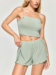 SHAPORA Solid Color Crop Cami Top & Split Shorts Homewear Set Outfit - Green - View 1