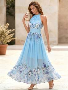 SHEIN LUNE 女士雪纺印花露背中长连衣裙，优雅度假风春夏装 - 彩色 - 查看 3