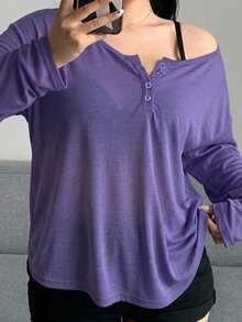Dazy Plus Camiseta de manga larga con cuello redondo amplio y pechera semiabierta de color liso para primavera/verano - Morado Violeta - Ver 2