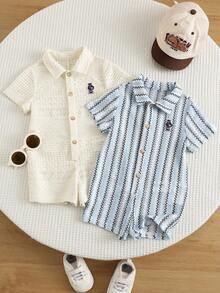 SHEIN 2pcs/Set Baby Boy Summer Cute Casual Cartoon Pattern Striped Rompers, 2pcs/Set Baby Rompers, Striped Rompers, Bear Rompers, White Rompers - Multicolor - View 5