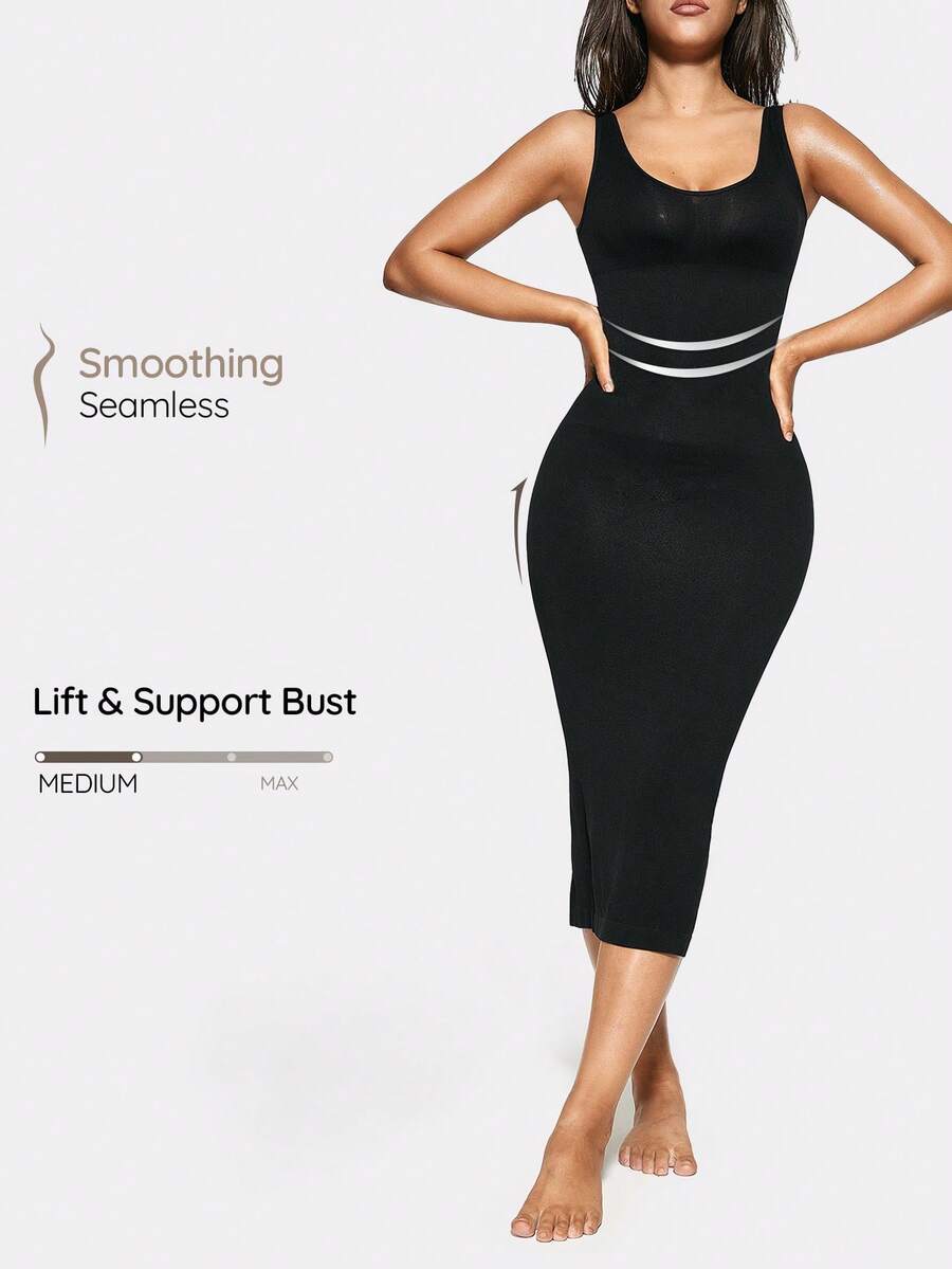 SHAPORA Women's Solid Color Split Hem Slimming Bodycon Shapewear Dress - Black - View 1