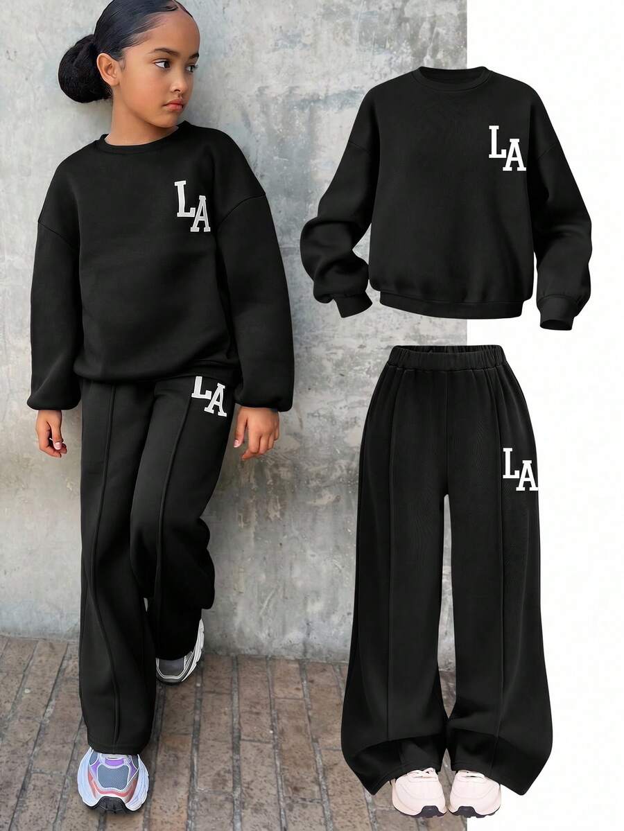 SHEIN 青少年女孩休閒「LA」字母印花針織素色寬鬆落肩長袖衛衣+百褶寬腿運動褲套裝,女孩秋季服裝,女孩秋季穿搭,女孩冬季服裝 - 黑色 - 查看 1