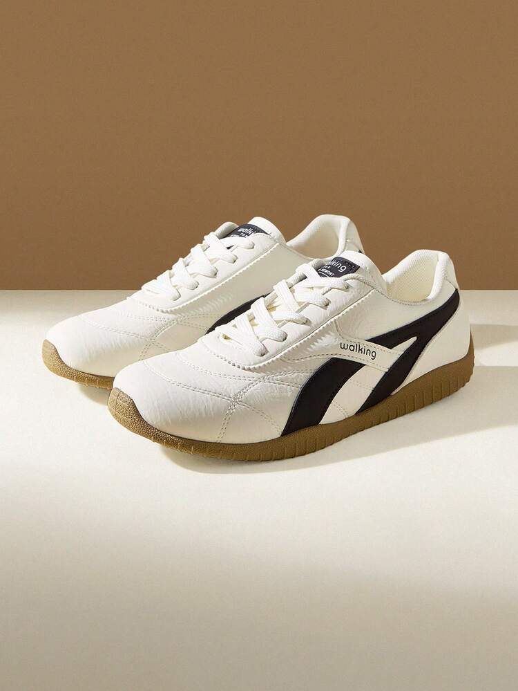 CUCCOO EASI Women's Lace-Up Splicing Design Round Head Flat Bottom Casual Sports Shoes Casual Style PU With Imitation Suede Leather White Casual Sports Shoes Daily Outdoor Leisure Sports