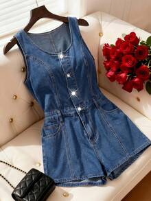 SHEIN MOD 女款單排扣口袋休閒無袖牛仔連身褲 夏季沙灘早午餐穿搭 畢業度假淺藍色 - 中等水洗藍 - 查看 2
