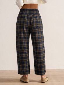 Bohemela Autumn Vacation Outfits, Women's Casual Vintage Woven Plaid Print Women's Long Pants, Daily Picnic Wear, Country Concert Outfit Navy - Multicolor - View 5