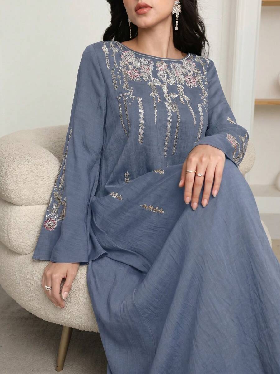 Al Najma 女士优雅刺绣喇叭袖宽松长款睡袍连衣裙 - 霧霾藍 - 查看 1