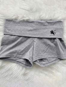 SHEIN Tween Girl Knit Equestrian Print Waist Fold Casual Shorts - Grey - View 4