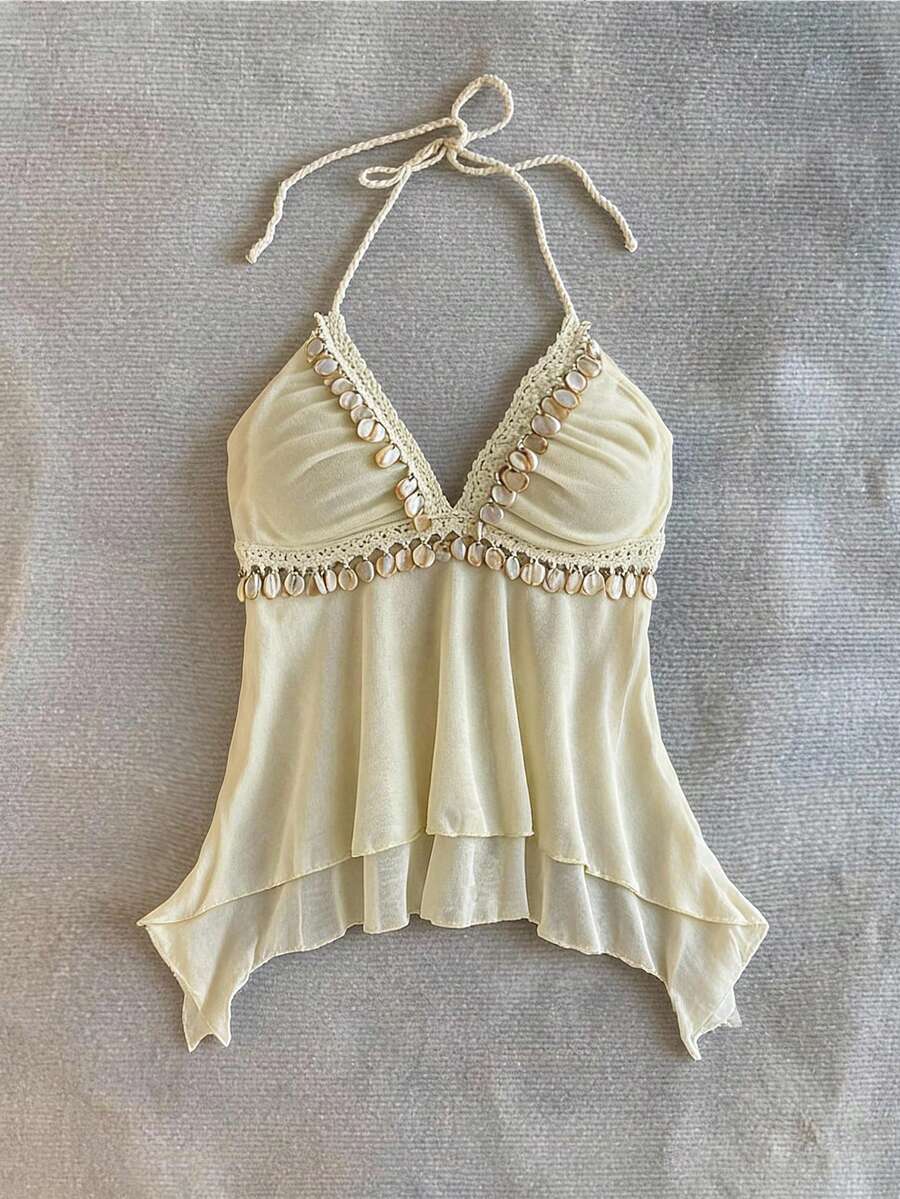 Soleia Women's Vacation Tassel Decor Lace Patchwork Pleated Halter Neck Tie Tank Top Beach Beige Summer Tropical Boho - Apricot - View 1
