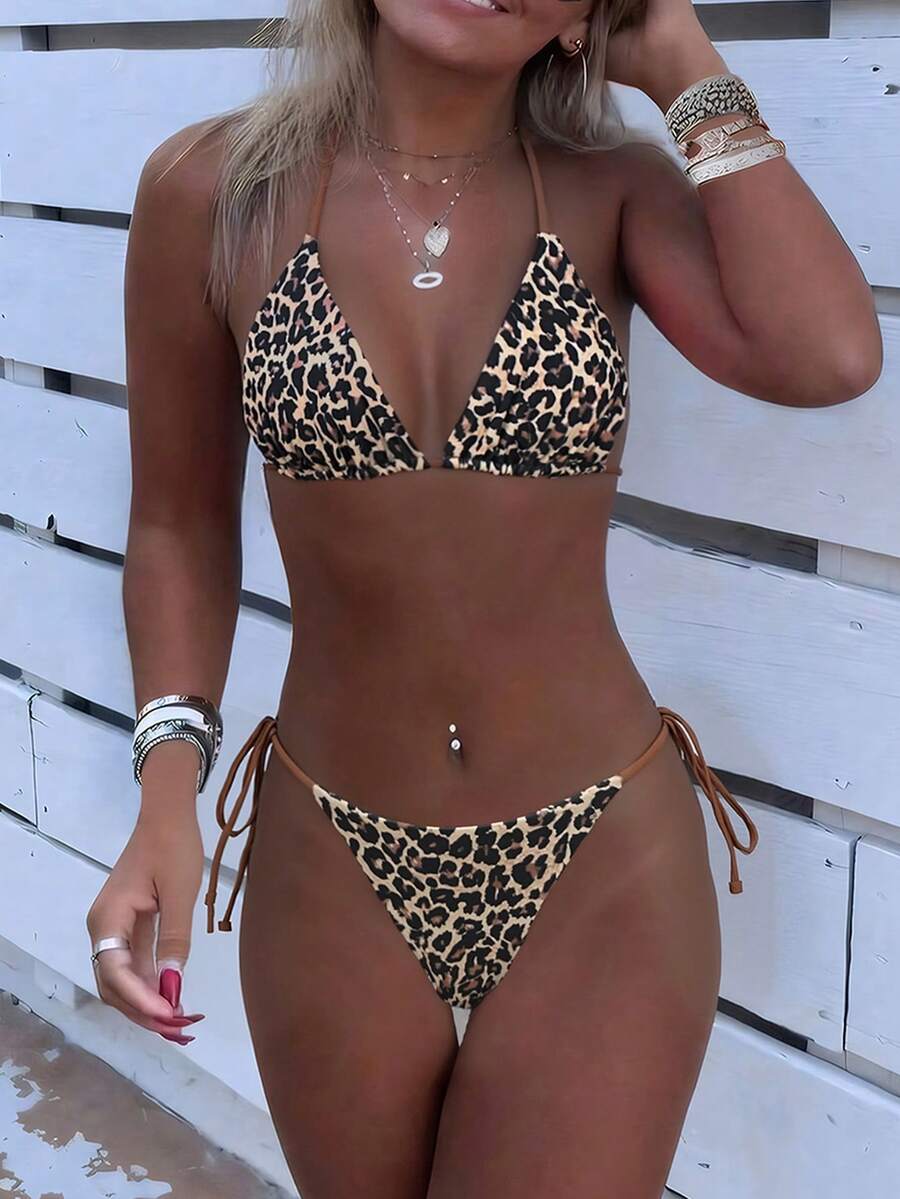 Swim Vcay Set de 2 piezas Bikini con tirantes finos y espalda descubierta con lazo lateral, estampado de leopardo aleatorio, para mujer, primavera/verano 2026 - Multicolor - Ver 1