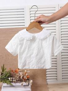 SHEIN Genkimix Kids 少女度假海灘休閒百搭刺繡鏤空白色寬鬆短袖襯衫，適合假期、夏季、旅行 - 白色 - 查看 3
