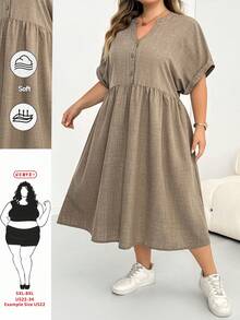 SHEIN CURVE+ Đầm midi nữ size lớn tay ngắn màu kaki, phong cách thời trang thường ngày thoải mái, dáng rộng, cơ bản đa năng, có túi, kiểu đơn giản, trang phục mùa xuân/hè - Màu Khaki - Xem 7