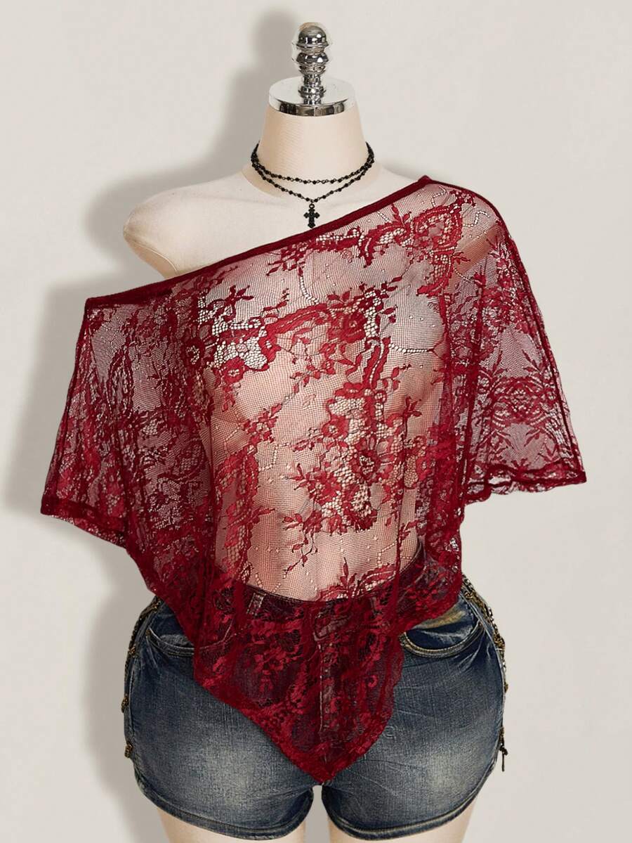 SHEIN ICON Women's Plus Size Lace One Shoulder Asymmetrical Hem Cover-Up Top - Burgundy - View 1