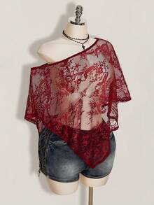 SHEIN ICON Women's Plus Size Lace One Shoulder Asymmetrical Hem Cover-Up Top - Burgundy - View 7