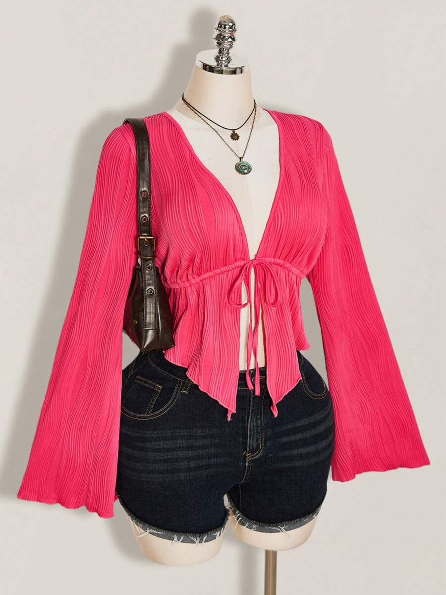 SHEIN ICON Women's Plus Size Textured Black Front Lace-Up Top Fall - Hot Pink - View 1