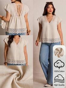 Elaquor Plus Size Women Contrast Lace Tie Back Ruffle Sleeve Blouse - Apricot - View 1