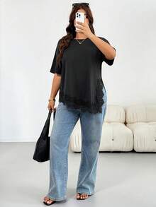 Shapeblank Plus Size Women's Spring/Summer Fashion Casual Loose Elastic Comfortable Daily Basic Versatile Slimming Lace Trim Patchwork Asymmetrical Hem Short Sleeve Black T-Shirt, Outing Top, Vacation, Minimalist Style, Lace Top - Black - View 7