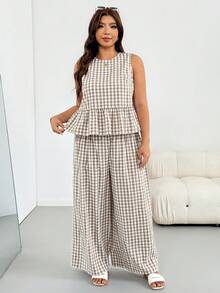 Shapeblank Plus Size Women's Plaid Ruffle Hem Sleeveless Shirt And Pants Casual Two Pieces Set - Khaki - View 5