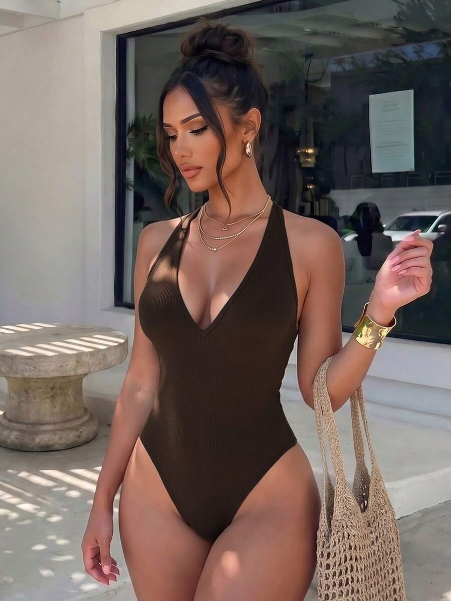 Sirith Seamless Backless Halter-Neck Bodysuit, Solid Color Backless Style - Mocha Brown - View 1
