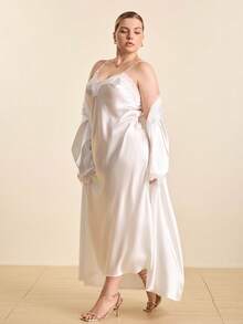 Hourtrue Plus Size White Satin Robe Set, Women Lace Trim Long Kimono Robe And Nightgown 2 Pieces Silk Like Loungewear - White - View 8