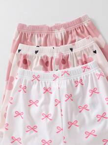 (Aleatorio 3-en-1) Conjunto de Top Camisola y Shorts de Tela Acanalada Suave y Cómoda con Estampado Floral de Corazón y Mariposa Cálido para Niñas con Decoración de Lazo 3D, Caja Ciega Aleatoria 1 Conjunto - Multicolor - Ver 8