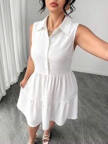 Elenzga Plus Size Summer Casual Solid Color Sleeveless Dress - White - View 7
