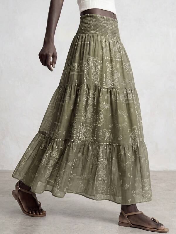 SHEIN Stylify تنورة نسائية صيفية للخروجات، أنيقة وعصرية بأسلوب فرنسي رومانسي بسيط، كاجوال مريحة، بطبعة زهور الكاجو، مرونة عالية، خصر مزموم، قصة A-Line بطبقات كيك، شيفون خفيف الوزن، نسيج مميز، تنحيف
