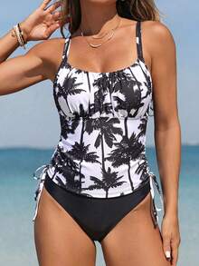 SHEIN Swim Women's Summer Vacation Beach Coconut Tree Print Ruched Side Drawstring Wide Strap Tank Top With Black Swim Bottoms Set - Multicolor - View 3