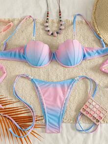 Swim Mod Summer Spring New Cross-Border Ins Style Sexy Triangle Tie Bikini Mermaid Shell Bikini Set For Women, Neon Pink And Blue Gradient Two Pieces Separates With Pearl Accessories, Ocean Holiday Bikini Set, Sweet Young Girl Hot Spring Beach Vacation Bikini Swimwear, Birthday Party Holiday Beach Bikini - Multicolor - View 3
