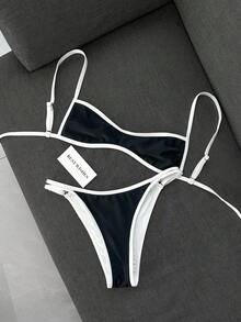 Swim Mod 女款夏季海灘極簡優雅浪漫休閒度假性感甜美可愛時尚泳衣套裝，百搭百搭黑白對比，可正反穿黑白，多種造型選擇，平口微比基尼，適合海灘、度假村、水療、音樂節、蜜月及休閒度假場合 - 黑與白 - 查看 7