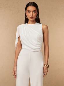 Silquee Spring/Summer Women's Mesh Patchwork Round Neck Sleeveless White Jumpsuit With Mesh Fabric Drape Office Bachelorette Party Wedding Outfits Elegant - Apricot - View 6