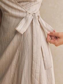 Poéselle Women's Striped Side Waist Tie Short Sleeve Casual Dress - Apricot - View 4