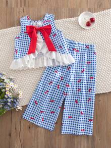 Emery Rose Kids Emery Rose Kids 少女編織格紋櫻桃圖案拼接撞色荷葉邊休閒背心與長褲兩件組 - 彩色 - 查看 4