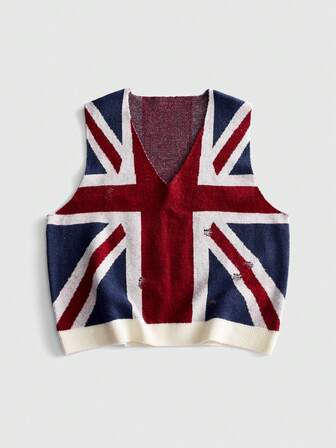 Street Life Gilet in maglia con scollo a V e motivo bandiera britannica da uomo