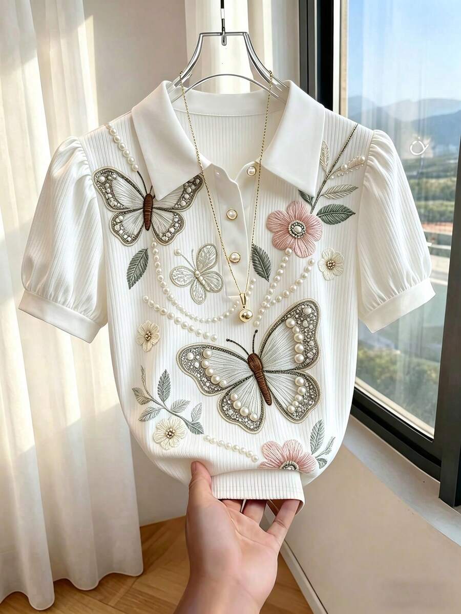 SHEIN Franclia 素色都市商務通勤風優雅日常穿搭浪漫女款T恤 - 白色 - 查看 1