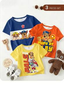 SHEIN | PAW Patrol 男嬰休閒簡約上衣，適合夏季，經典勇敢系列，可愛卡通圖案印花，Chase、Rubble、Brave圖案印花款 - 彩色 - 查看 2