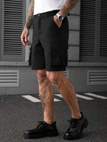 SLATEMANN 男士黑色短褲，新款腰部可調扣設計時尚百搭膝蓋長度短褲，度假款 - 黑色 - 查看 6