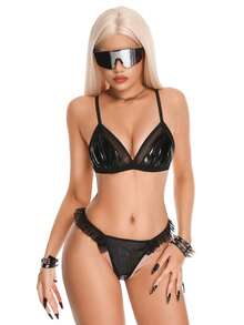 AltBold Women's Fashion Leather Lingerie Set 2pcs - Black - View 1