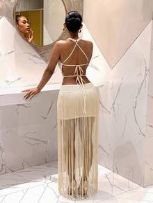 Slaydiva White Halter Neck Deep Plunge Cutout Fringe Hem Maxi Dress - Metallic Knit Sexy Vacation Club Dress - Apricot - View 8