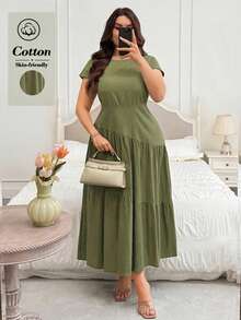 Modelyn Plus Size Women's Fashion Versatile Elegant Casual Round Neck Polka Dot Dress - Army Green - View 3