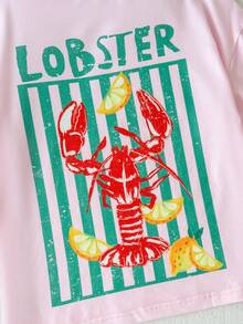 SHEIN Tween Girl Crew Neck Letter Lobster Print Short Sleeve T-Shirt And Shorts Casual Daily Set - Multicolor - View 6