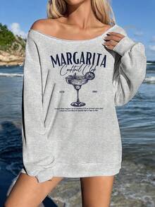 Veykashi Women's Navy Yellow Loose Off-Shoulder Casual 90s Long Sleeve Sweatshirt - Vacation Cocktail Pattern, Vintage Casual Style, Perfect For Holiday Winter - Light Grey - View 4