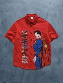SUPERMAN X SHEIN Men's Letter Cartoon Pattern Single-Breasted Casual Versatile Daily Travel Short Sleeve Shirt - Red - View 3
