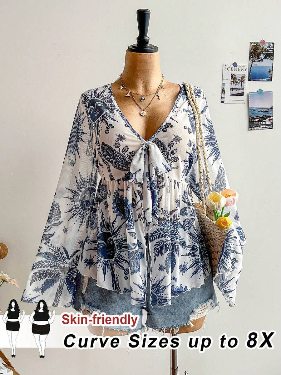 SHEIN CURVE+ 大尺碼女款度假針織網紗復古波西米亞花卉圖案V領長版秋季健身沙灘早午餐天藍色 - 彩色 - 查看 1